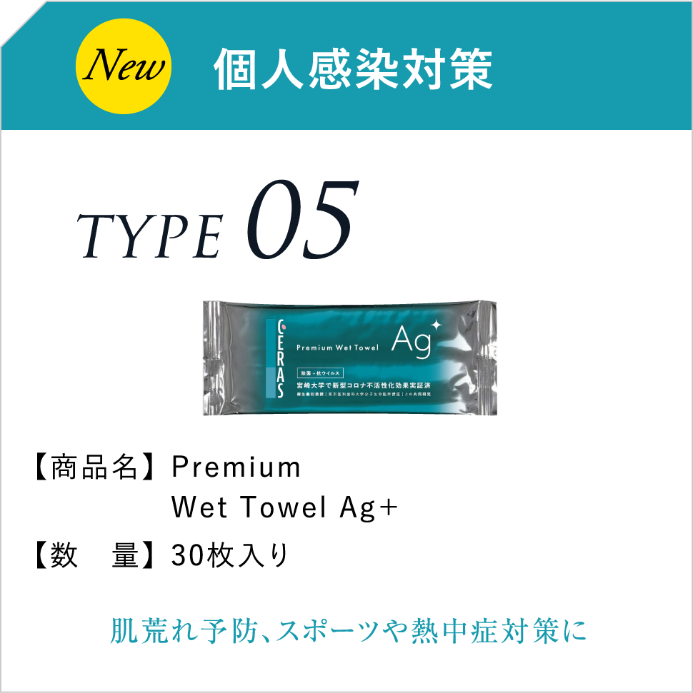 NEW 個人感染対策 TYPE05 【商品名】Premium Wet Towel Ag＋ 【数　量】30枚入り 肌荒れ予防、スポーツや熱中症対策に